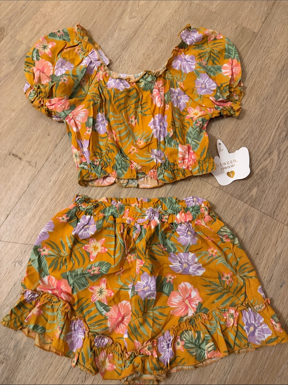 btween Mustard Floral Puff-Sleeve Two-Piece Set